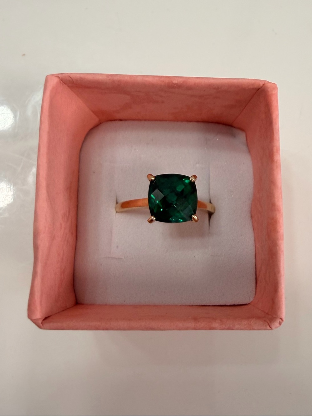 10k Gold Ring with Emerald Green Cushion Stone